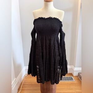 Free People Black Off-Shoulder Lace Mini Dress